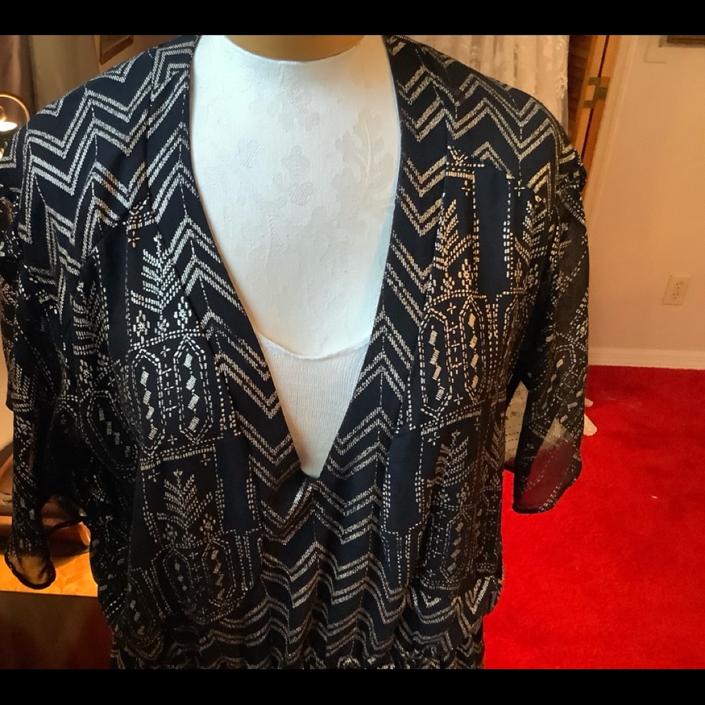 Free People, LG, elastic waist dress, black w/gold thread; detailed bottom.